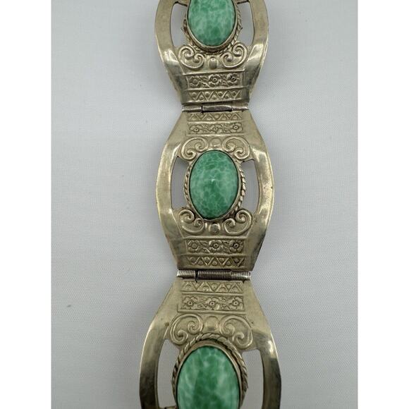 925 Sterling Silver Vintage Mexico Jade Peking Glass Panel Link Bracelet - Picture 7 of 10
